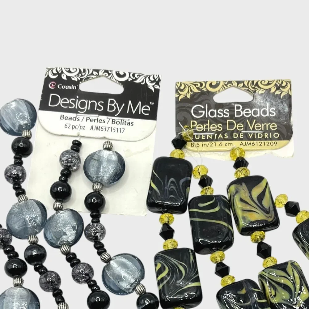Lot Art Glass Beads Black Yellow Swirl Silver Tone Foil Jewelry Craft Lampwork